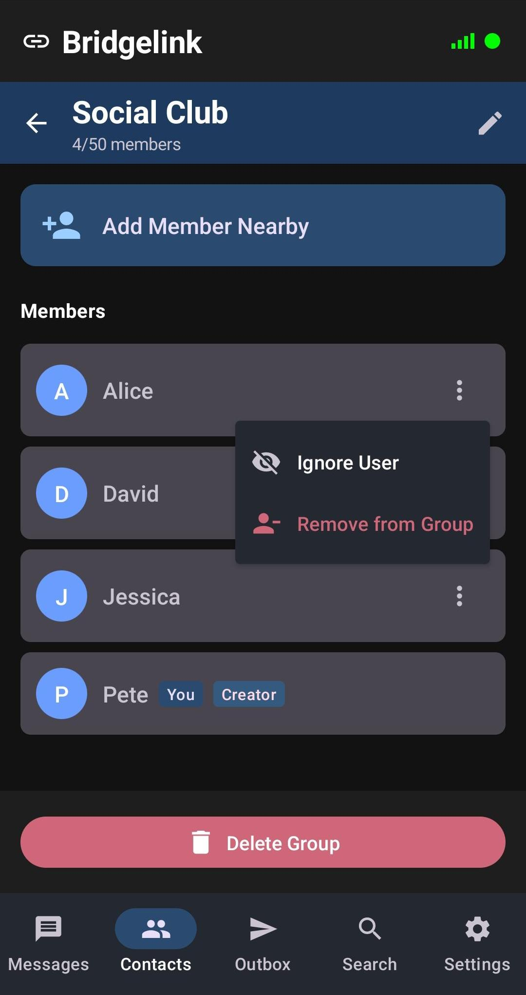 Group management screen - dark mode