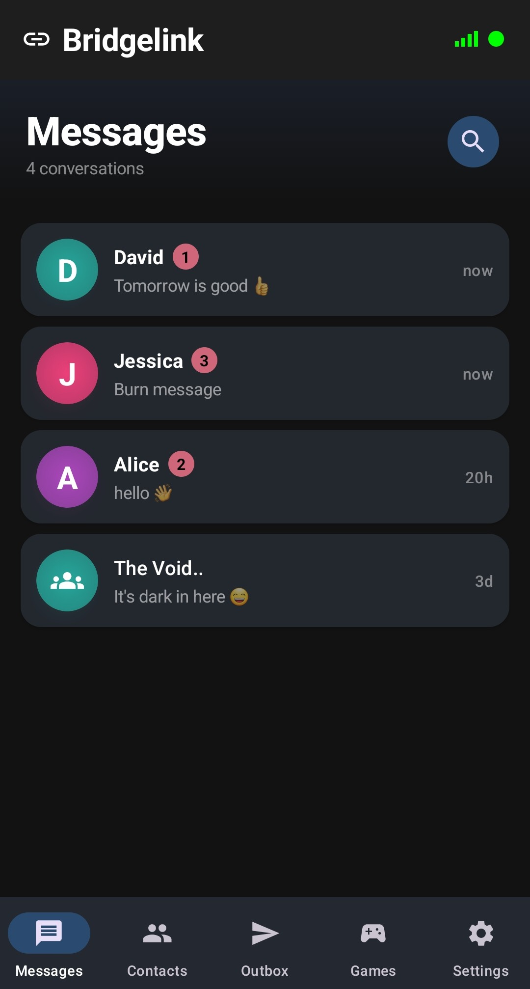 Bridgelink home screen - dark mode