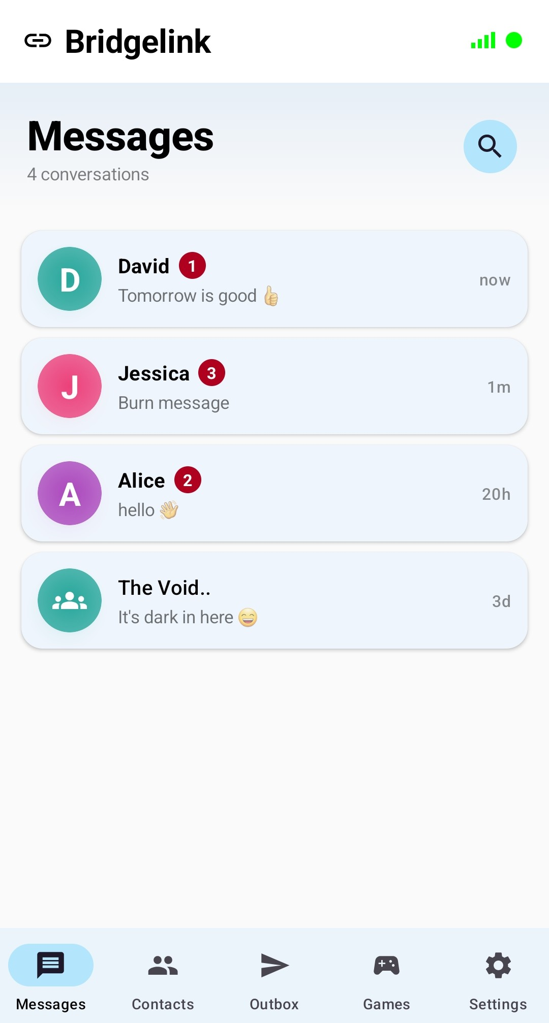 Bridgelink home screen - light mode