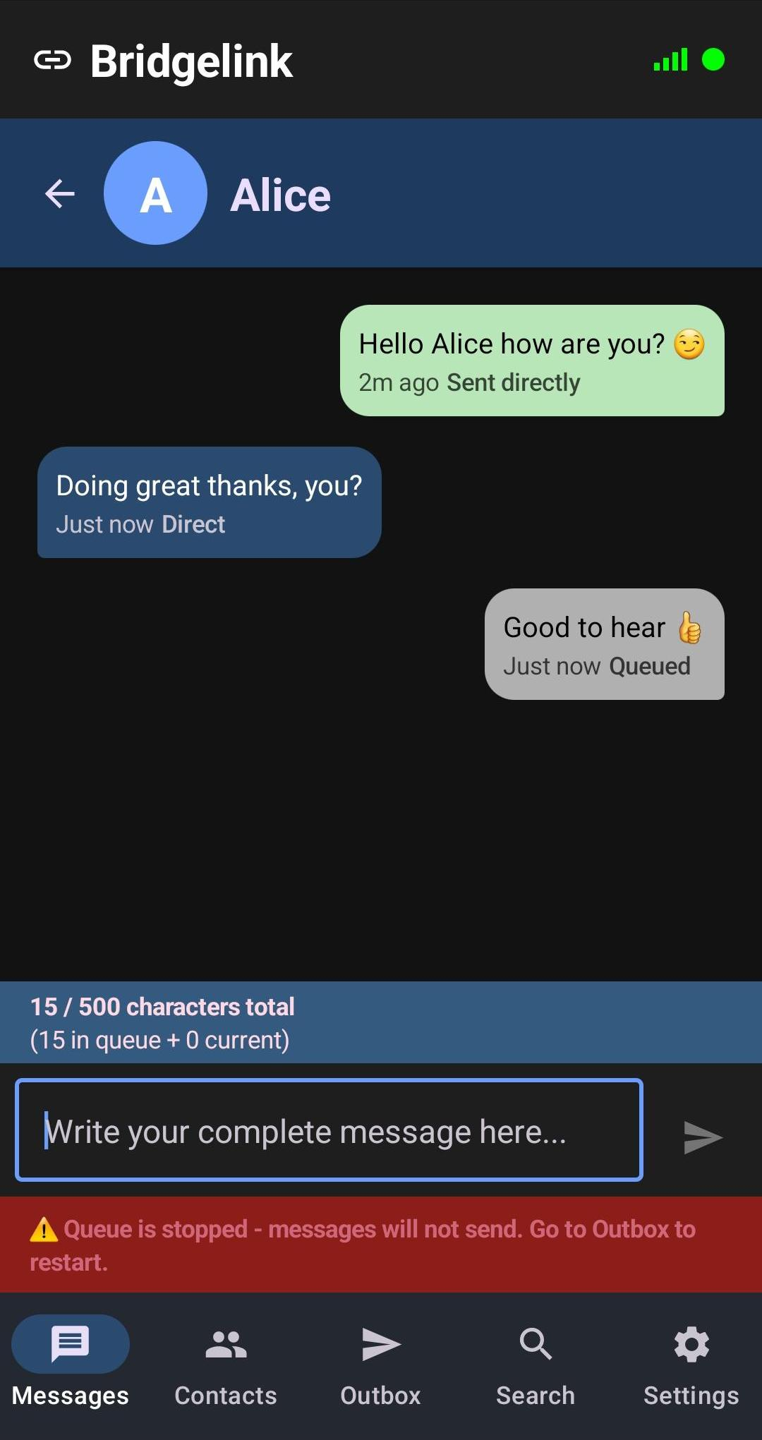 Outbox / message status screen - dark mode