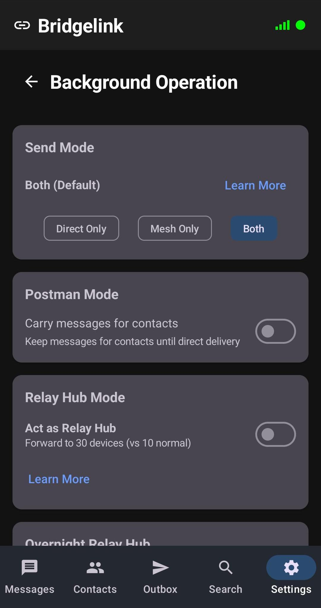 Background settings screen - dark mode