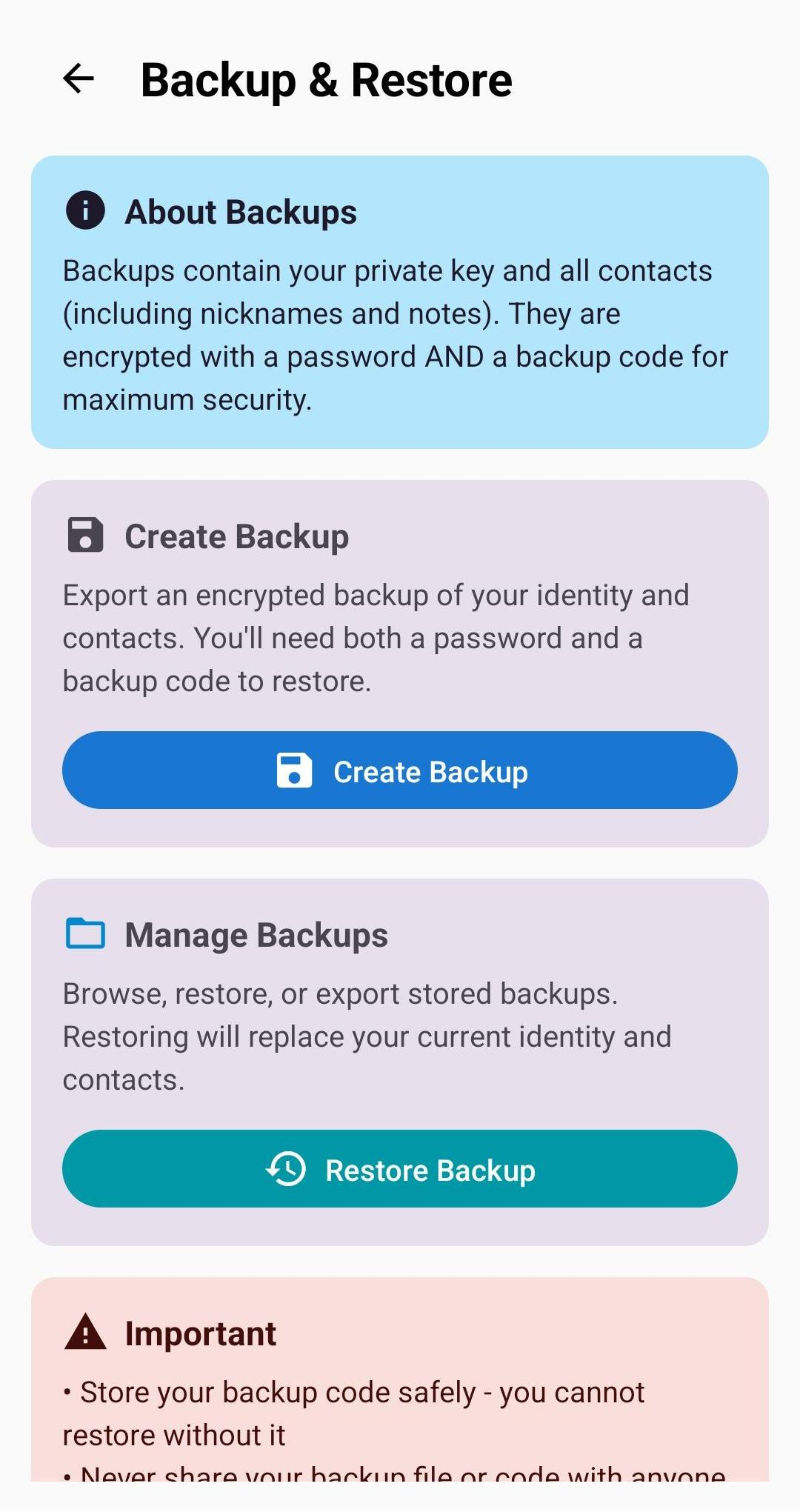 Backup and restore screen - light mode