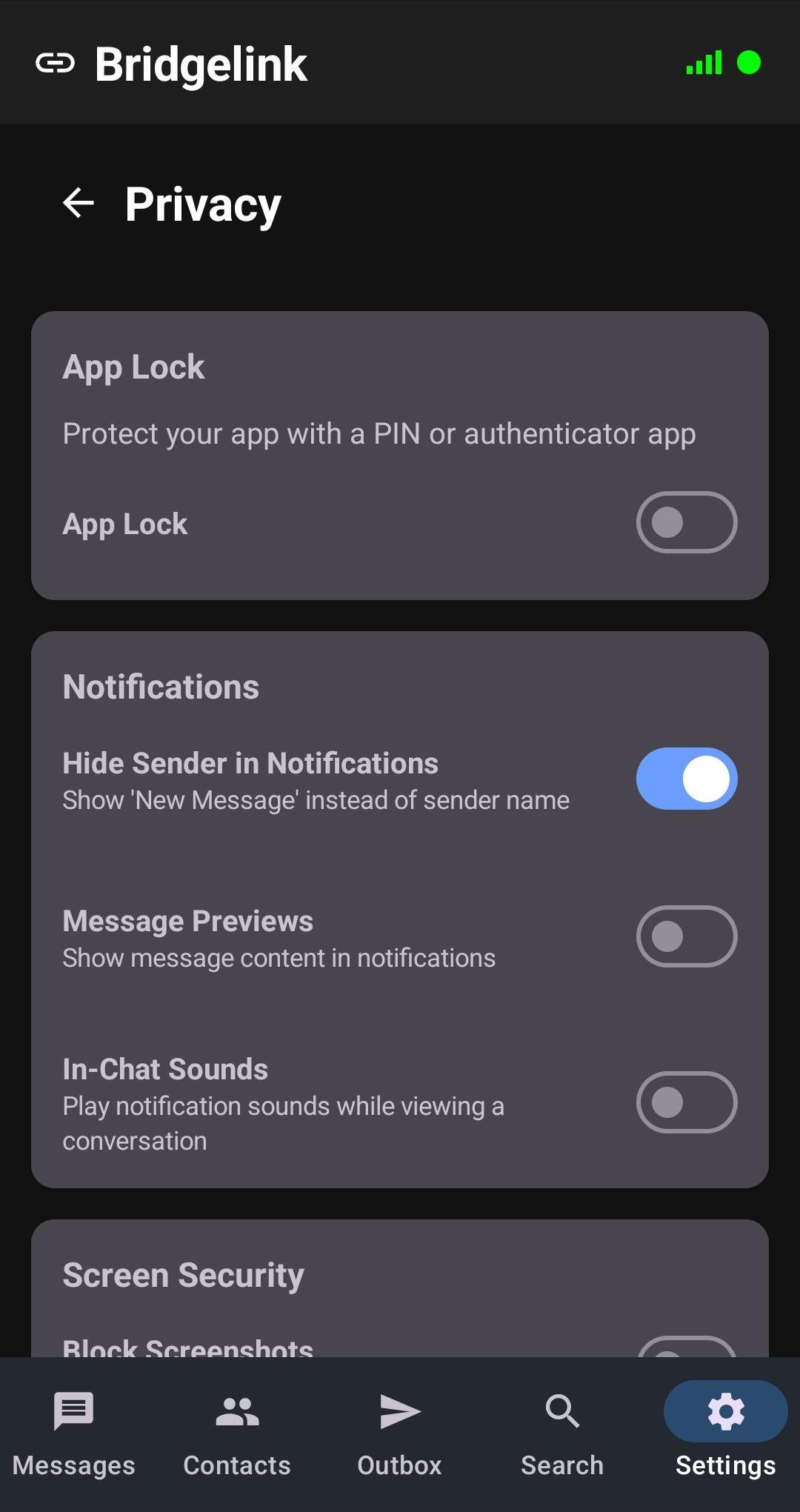 Privacy settings screen - dark mode