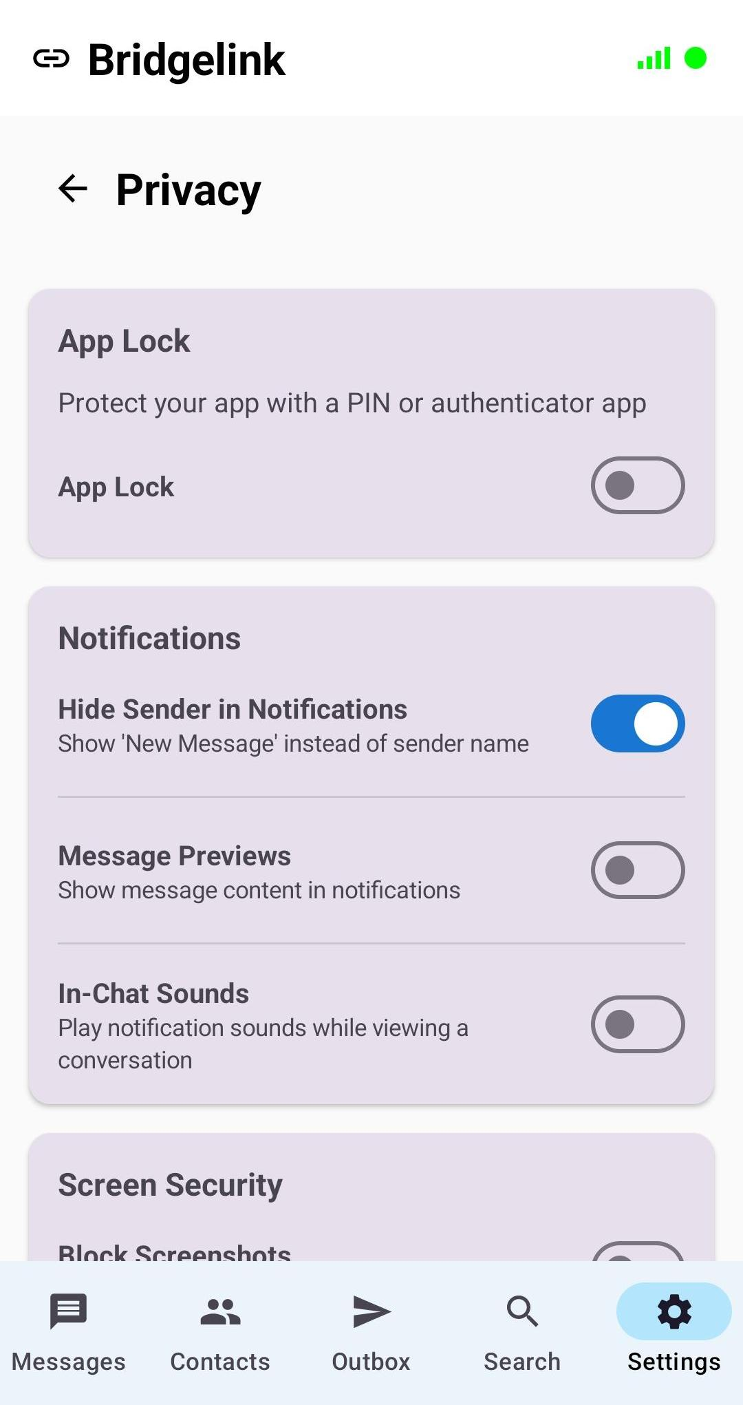 Privacy settings screen - light mode